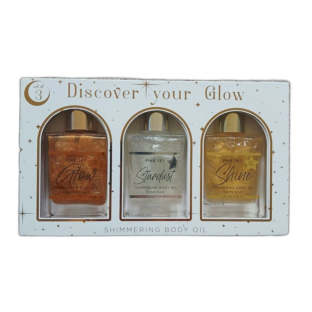 Pink Sky Shimmer Body Oil Trio 3 Glow Hydrating Skin Set Vanilla Citrus Coconut